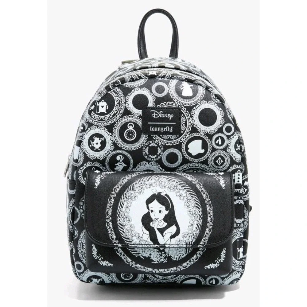NEW Loungefly Disney Alice In Wonderland Black & White All Over Icons Backpack